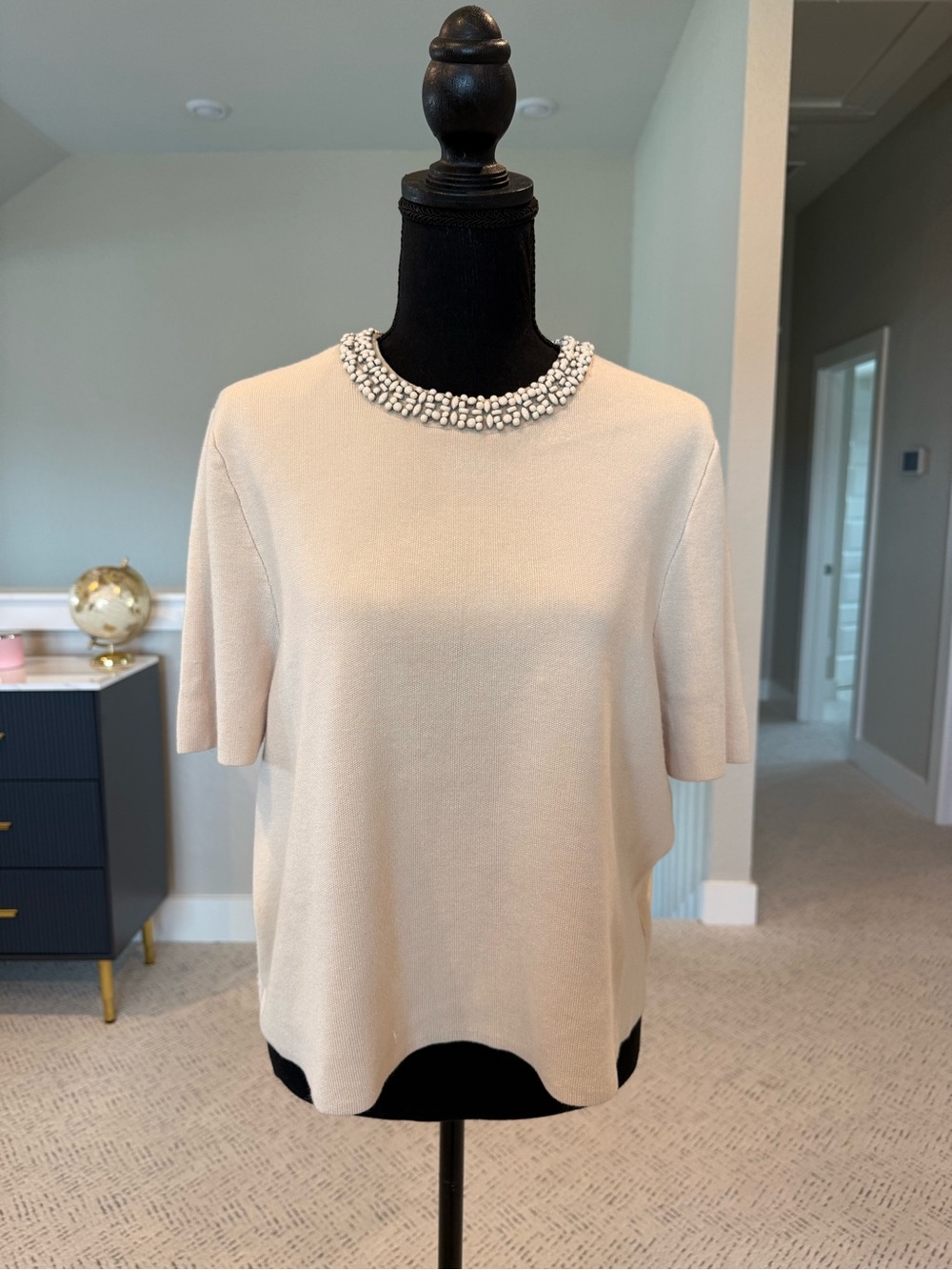 Marled Cream Short-Sleeve Sweater with Beaded Collar